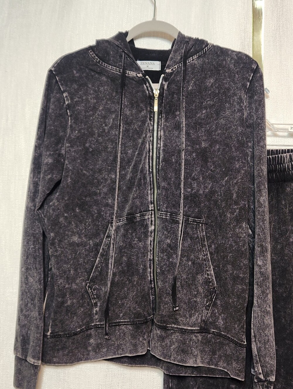 Zenana Outfitters Mineral Wash Black Full Zip Hoodie Pockets Matching Leggings M - Picture 2 of 12